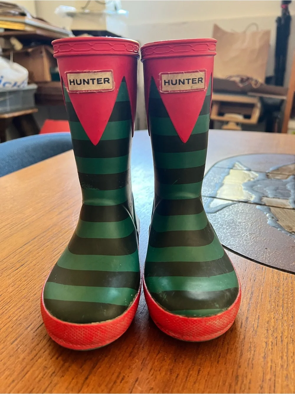 Hunter Kids Eld Green & Red Stripe Rain Boots UK size 9 little kids/US10